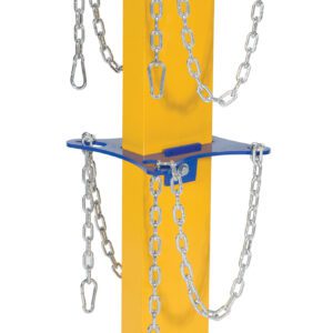 The Vestil Cylinder Storage Stand is a yellow vertical metal post with two blue horizontal plates. Each plate has two chains with hooks, and its flat base ensures stability for reliable cylinder storage.