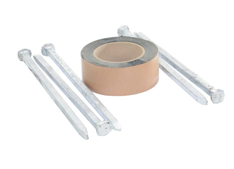 A roll of duct tape is encircled by five long nails in a semicircle, highlighted against a white background. The metallic texture echoes the precision of a Vestil Asphalt Kit for Speed Bumps with 5 Holes.