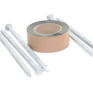 A roll of duct tape is encircled by five long nails in a semicircle, highlighted against a white background. The metallic texture echoes the precision of a Vestil Asphalt Kit for Speed Bumps with 5 Holes.