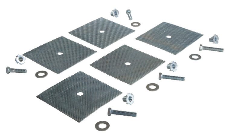 Six square metal plates with central holes, arranged in two rows like those in the Vestil Glue Down Kit For Speed Bumps W/5 Holes, are surrounded by six bolts, washers, and nuts. All pieces are made of metal and set against a white background.