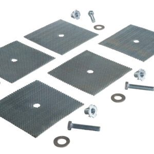 Six square metal plates with central holes, arranged in two rows like those in the Vestil Glue Down Kit For Speed Bumps W/5 Holes, are surrounded by six bolts, washers, and nuts. All pieces are made of metal and set against a white background.