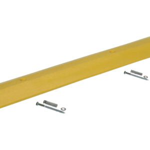 The Vestil Speed Bump-Concrete Hardware 106X10X2 is long and yellow with a smooth surface and wedge-shaped sides, featuring six embedded holes along its length for easy installation using the included bolts and screws.
