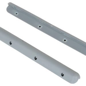 Two elongated, flat, gray plastic components with rounded ends and multiple screw holes resemble the Vestil Corner & Surface Guard - Rubber Edges. Positioned parallel, one is slightly rotated to show its rubber edges on the backside.