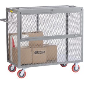 A Little Giant Security Box Truck, with a metal mesh design, red wheels, and two cardboard boxes on board, features a convenient handle and sliding top for secure storage.