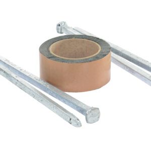 An adhesive tape roll sits beside four long nails, similar to the Vestil Asphalt Kit for Speed Bumps with 4 Holes, all on a white background.