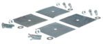 The Vestil Glue Down Kit For Speed Bumps W/4 Holes features four square metal plates with central holes, surrounded by assorted nuts, bolts, and washers on a white background. The metallic textures and geometric arrangement are clearly visible.