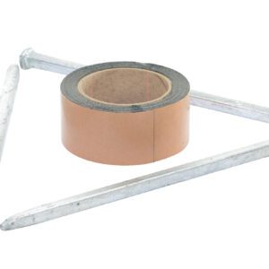 A roll of adhesive tape lies on a white background next to three large metal nails forming a triangle, echoing the precise configuration and sturdy design of the Vestil Asphalt Kit For Speed Bumps With 3 Holes.