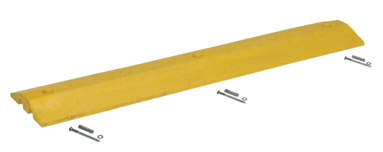 SB-48_A.jpg The yellow rubber parking curb, designed for durability and featuring four metal screws on a white background, is a practical addition to any lot, similar to the Vestil Speed Bump-Concrete Hardware 48 X 10 X 2.