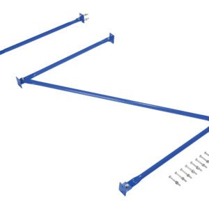 The Vestil Standard Cantilever Brace Set 120X36 has a blue metal frame with three parallel diagonal supports and ten silver bolts, all displayed orderly on a white background.