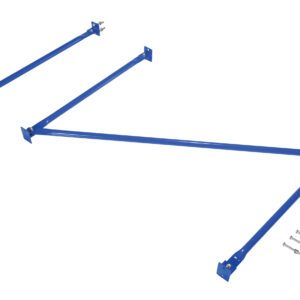 The Vestil Standard Cantilever Brace Set 120X60 features blue steel support brackets in a triangular shape with bolt holes at the ends, surrounded by several bolts on a crisp white background, ready for assembly.