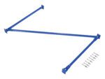 The blue triangular metal bracket, similar to the Vestil Standard Cantilever Brace Set 72 X 36, has three flat ends and includes screws, all on a clean white background.