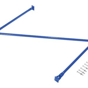 The blue triangular metal bracket, similar to the Vestil Standard Cantilever Brace Set 72 X 36, has three flat ends and includes screws, all on a clean white background.