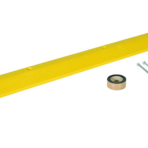 A long yellow plastic Vestil Speed Bump-Asphalt Hardware measuring 106 X 10 X 2 is shown on a plain white background, accompanied by a roll of brown tape and five sturdy metal bolts for secure installation.