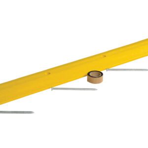 A yellow ramp with a black textured surface and metal spikes, resembling the Vestil Speed Bump-Asphalt Hardware 72 X 10 X 2, is designed for asphalt. Nearby, a roll of brown tape sits on the plain white backdrop.