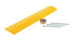 A yellow parking curb bumper with three holes is paired with metal spikes and a roll of double-sided tape, making it perfect for securing the Vestil Speed Bump-Asphalt Hardware 48 X 10 X 2 in place.