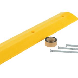 A yellow parking curb bumper with three holes is paired with metal spikes and a roll of double-sided tape, making it perfect for securing the Vestil Speed Bump-Asphalt Hardware 48 X 10 X 2 in place.