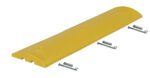 The yellow Vestil Speed Bump-Concrete Hardware 48X12X2.25 features a curved top, includes three mounting holes, and comes with four metal screws at the edges for a durable and easy installation.