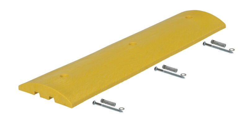 The yellow Vestil Speed Bump-Concrete Hardware 48X12X2.25 features a curved top, includes three mounting holes, and comes with four metal screws at the edges for a durable and easy installation.