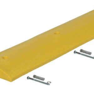 The yellow Vestil Speed Bump-Concrete Hardware 48X12X2.25 features a curved top, includes three mounting holes, and comes with four metal screws at the edges for a durable and easy installation.