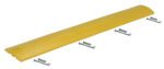 The Vestil Speed Bump-Concrete Hardware 72X12X2.25 comes with a yellow rubber cable protector, curved design, and evenly spaced screw holes. It includes three metal screws and washers for easy installation, providing seamless integration and durability.