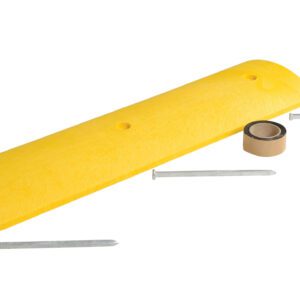 The Vestil Speed Bump-Asphalt Hardware 48X12X2.25 is a yellow rubber bump featuring three metal stakes, double-sided tape, and three pre-drilled holes for secure ground installation.