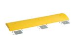 The Vestil Speed Bump-Glue Down 48X12X2.25 is a yellow speed bump with a smooth curved surface, featuring three evenly spaced bolt holes and includes metal mounting plates and screws for secure installation.