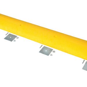 The Vestil Speed Bump-Glue Down 72X12X2.25 showcases a yellow, semi-circular shape and includes four metal mounting brackets underneath for stable and safe installation on any surface.