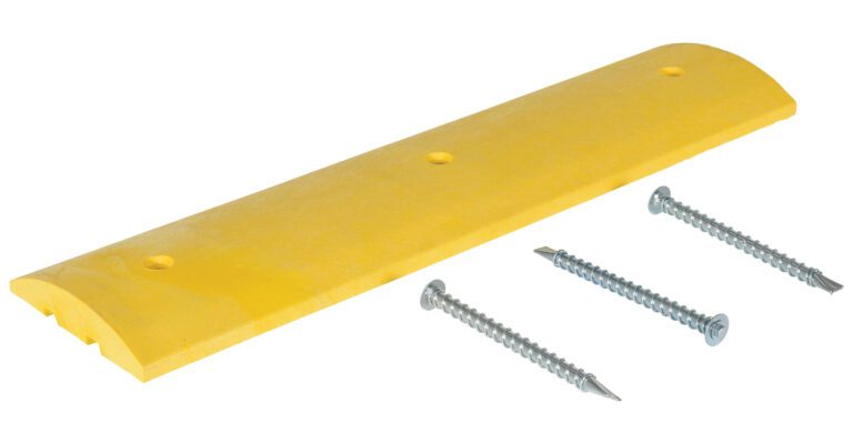 A Vestil Speedbump HD Asphalt Hardware, yellow and 48x12x2.25 inches with curved edges, is shown against a white background with three metal screws, perfect for seamless transitions over asphalt surfaces.