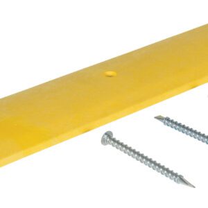 A Vestil Speedbump HD Asphalt Hardware, yellow and 48x12x2.25 inches with curved edges, is shown against a white background with three metal screws, perfect for seamless transitions over asphalt surfaces.
