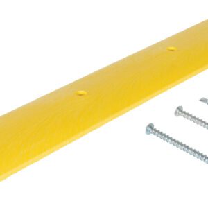 A long, flat, rectangular yellow plastic strip with beveled edges and three holes, similar to the Vestil Speedbump Hd Asphalt Hardware 72X12X2.25, includes dimensions of 72x12x2.25 and comes with three silver screws parallel to the strip.
