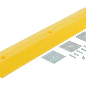 The yellow parking stop features beveled edges, pre-drilled holes, and comes with four metal mounting plates, screws, washers, and nuts. Its ideal for use with the Vestil Speed Bump-Glue Down 48 X 10 X 2 system.