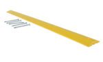 A yellow metal threshold bar, similar to the Vestil Speed Bump Hd Asphalt Hardware 106X10X2, rests on a white background. It includes four screws and features an elevated center with grooved edges for easy installation, ensuring secure placement on different surfaces.