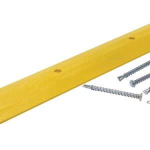 A Vestil Speed Bump HD Asphalt Hardware 72x10x2, featuring a yellow strip with multiple holes laid diagonally, is showcased alongside four metal screws and one washer, forming an assembly kit for securing the bump on asphalt surfaces.