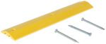 The Vestil Speed Bump HD Asphalt Hardware 48X10X2 includes a yellow plastic wedge with three pre-drilled holes and comes with three metal screws, perfectly aligned parallel to its smooth surface and angled edges, designed for securing on asphalt surfaces.