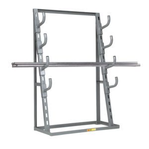 The Little Giant Adjustable Bar & Pipe Storage Rack is a freestanding metal unit with a sturdy gray frame, perfect for storing long items like pipes or rods. It includes four horizontal supports per side and two metal rods on the lower supports for versatile storage.