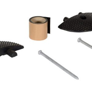The shoe repair kit features two black textured heel plates, a roll of beige adhesive or sandpaper, and two metal nails on a white background. Ideal for quick repairs while offering durability reminiscent of Vestil Speed Bump Heavy Duty Asphalt End Caps.