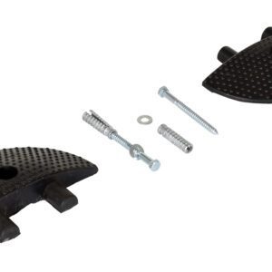 Two textured black rubber doorstops with holes and protrusions, resembling Vestil Speed Bump Heavy Duty Concrete End Caps, are spaced apart. Between them are metal screws, an expansion plug, a washer, and an anchor bolt, all neatly arranged on a white background.