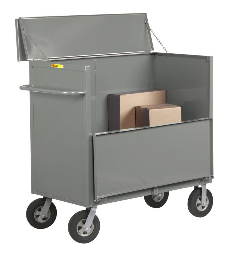 A large grey utility cart, similar to a Little Giant Security Box Truck with solid sides, has four wheels and an open top. Two brown boxes sit securely inside. The cart includes a convenient side handle and a hinged lid that is propped open for easy access.
