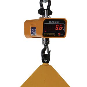 The Vestil Crane Scale, product name Vestil Crane Scale W/600 Lb Capacity 8 X 7.625, weighs 8.6 pounds and features a black hook and shackle for lifting a yellow, triangular weight up to 600 lbs.