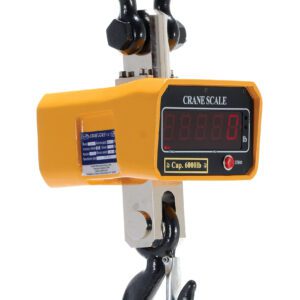 The Vestil Crane Scale features a vibrant yellow frame, a digital zero-set display, and a sturdy metal hook and shackle. With Crane Scale and Cap. 6000lb markings, it ensures precise heavy load measurements within its 6000 lb capacity and 8 x 7.625-inch dimensions.