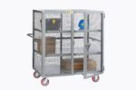 The Little Giant Heavy-Duty Mobile Storage Locker with Handle is a gray metal mesh cart with red wheels and a lockable door, featuring three interior shelves holding a blue hard hat and cardboard boxes. It has a solid top, ideal for various tasks, set against a white backdrop.