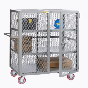 The Little Giant Heavy-Duty Mobile Storage Locker with Handle is a gray metal mesh cart with red wheels and a lockable door, featuring three interior shelves holding a blue hard hat and cardboard boxes. It has a solid top, ideal for various tasks, set against a white backdrop.