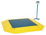 The Vestil Low Profile Scale 10000 Capacity has a durable yellow and blue weighing platform with a textured surface, angled perimeter for precision, and a tall blue digital display stand on the right.