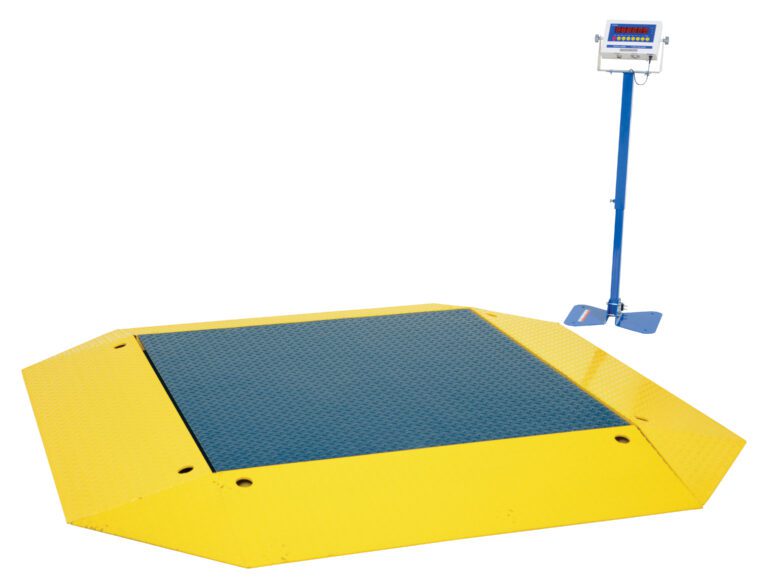 The Vestil Low Profile Scale 10000 Capacity has a durable yellow and blue weighing platform with a textured surface, angled perimeter for precision, and a tall blue digital display stand on the right.
