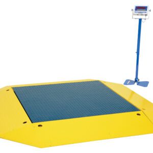 The Vestil Low Profile Scale 20000 Capacity features a striking yellow industrial design and blue platform, with a digital display on a right-side blue stand. It provides precise measurements for heavy-duty tasks with its 20,000 lb capacity.