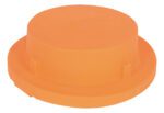 The Vestil Drum Containment Cover - Orange is an orange, round plastic lid with a short, flat top and a slightly raised edge, featuring small side notches for secure attachment.