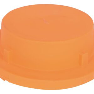 The Vestil Drum Containment Cover - Orange is an orange, round plastic lid with a short, flat top and a slightly raised edge, featuring small side notches for secure attachment.