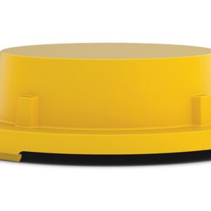 The Vestil Drum Containment Cover - Yellow is a round plastic cap with a flat top, two side protrusions, and a broad rim. Designed to fit snugly on containers, it rests against a white background with a subtle shadow beneath.