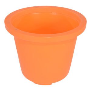 The Vestil Drum Containment Container in orange, resembling an orange plastic flower pot, has a wide, flared rim and smooth surface. It stands empty against a plain white background, showcasing its sleek simplicity.