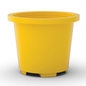 Resembling a Vestil Drum Containment Container - Yellow, this bright yellow flower pot has a smooth texture and cylindrical form with tapered sides. It features a wide rim on a solid base with small drainage notches, set against a simple white backdrop.